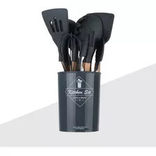 Kit C/12 Utensílios De Cozinha Silicone Cabo Madeira. Cor Preto