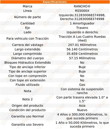 (1) Amortiguador Tra Rs5000x Gas Der O Izq Tacoma 4wd 95/98 Foto 2