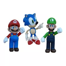 Bonecos Grandes Mario, Luigi E Sonic 23cm