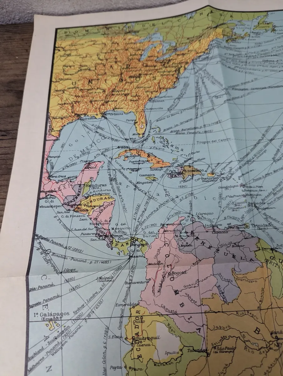 Antiguo Mapa Océano Atlántico Rutas Marítimas 1940s