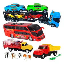 Kit Carreta Cegonheira Caminhão Animais Brinquedo Ônibus