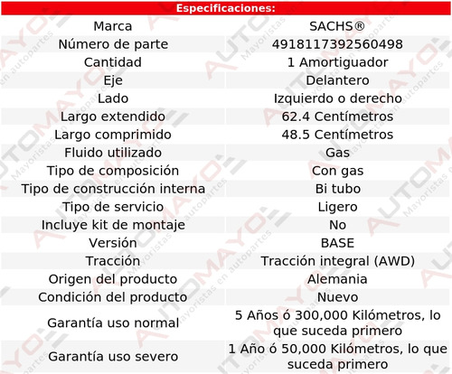 1 - Amortiguador Gas Del Izq/der Sachs A4 Quattro V6 2.8l 01 Foto 2