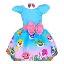 Vestido Temático Baby Shark Degradê + Laço 