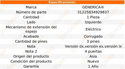 Espejo Izq Elect Corrug 3 Pines Honda Element 03/11 Generica Foto 2