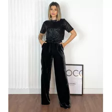 Conjunto Inverno Elegante Calça E Blusa T-shirt Veludo Paete