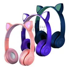 Headphone Gatinho Orelha De Gato Com Led Fone De Ouvido Azul