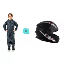 Capa Chuva Infantil Moto Bike + Capacete Pro Tork Preto 54