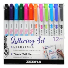 Lettering Set 12 Zebra 6 Resaltador Mildliner 6 Bolígrafo