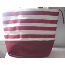 Cartera Tote Matriona Tela Rayas Bordó-blanco- Base Pu Bordó