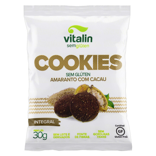 Biscoito Cookie Integral Amaranto Com Cacau Sem Glúten Vitalin Pacote 30g