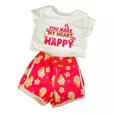 Conjunto Infantil Ursinho Vermelho Short Menina Verão 