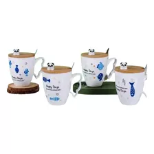 Set De Taza Cerámica Happy Panda C Tapa Y Cucharita 400 Ml