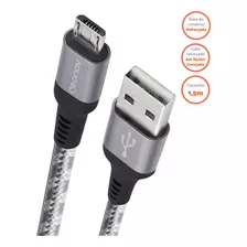 Cabo Micro Usb Nylon Trançado Reforçado 1,5m Cinza Geonav