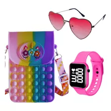 Relógio Led Infantil Menina + Óculos De Sol + Bolsa Pop-it