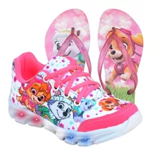 Tênis Infantil Feminino Luzes Led Patrulha Canina + Chinelo