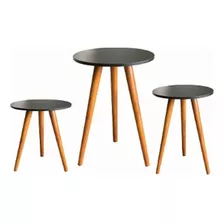 Trio Mesinhas Redonda Pé Palito Retro Decoração Sala Cor Trio De Mesa Pé Palito Preto