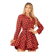 Camisao Xadrez Feminino Chemise Rodado Inverno Manga Longa