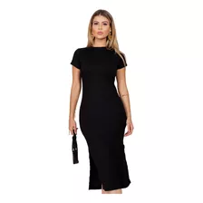 Vestido Midi Canelado Casual Básico Acinturado Modelador