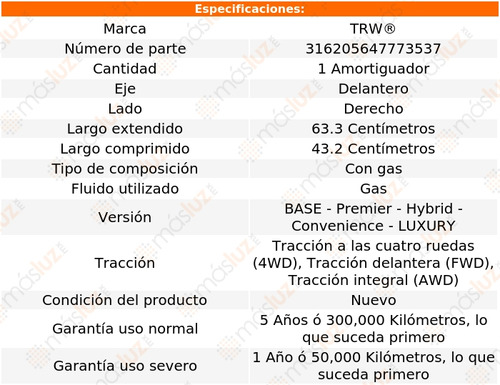 1- Amortiguador Gas Delantero Derecho Mariner 2005/2011 Trw Foto 2