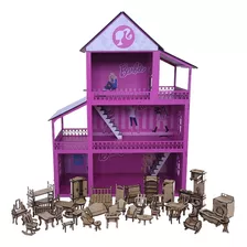 Casinha De Boneca Barbie Mdf Pintada Adesivada + 43 Móveis Cor Rosa