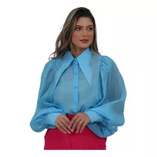 Camisa Manga Longa Organza Com Strass Na Gola