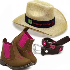 Kit Infantil Country Feminino Chapeu Brutinha Bota Cinto