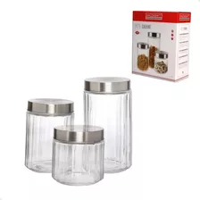 3 Pote Redondo De Vidro Hermético Mantimentos Inox