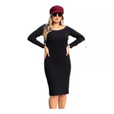 Vestido Tubinho Ombro A Ombro Mid Manga Longa Crepe 