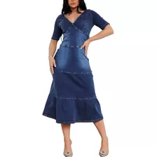 Vestido Midi Jeans Feminino Com Lycra Moda Evangélica