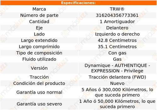 1- Amortiguador Gas Delantero Izq/der Fluence Fwd 11/17 Trw Foto 2