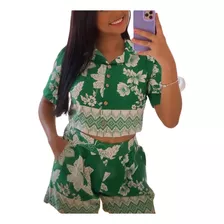 Conjunto Short E Blusa Camisa Laço Estampada