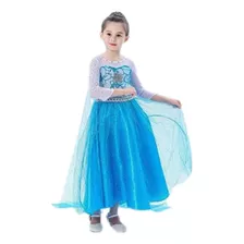 Vestido Da Elsa Fantasia Festa Frozen Infantil Lindo Azul