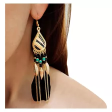 Brinco Feminino Delicado Dangle Vintage Pena Hippie Preto