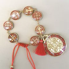 Pulsera Medallas San Benito Engarzadas Y Mota 