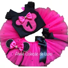 Kit Roupa Aniversário Minnie Pink Rosa Com Tiara Pérolas