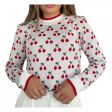 Sueter Cereja Manga Longa Tricot Modal Blusa De Frio Cherry