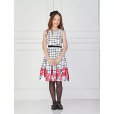 Vestido Infantil Feminino Satin Xadrez Preto Estampa Floral