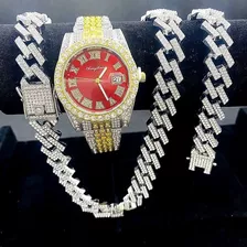 Reloj Iced Out Para Hombre, Brazalete Cubano Con Cadenas De