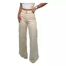 Calça Jeans Pantalona Feminina Com Cinto E Barra Desfiada