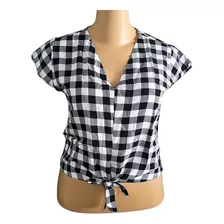 Blusa Xadrez Feminina Manga Com Babado E Laço Na Cintura