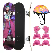 Skate Menina Tik Girl Tok Skat Com Kit Proteção Completo