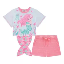 Conjunto Infantil Sereia Com Calda Blusa Manga Curta Short