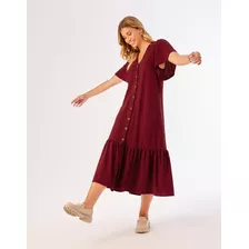 Vestido Zinzane Feminino Com Botão Frente - Bordeaux