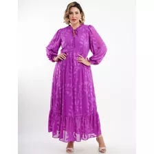 Vestido Longo Crepe Yoryu Textura Fúcsia Dona Charme