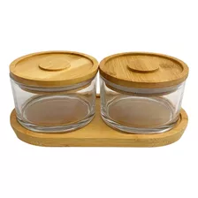 Frascos De Vidrio X2 Con Tapa De Bambú, Con Base De Madera, 