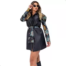 Vestido Feminino Parka Moda Couro Fake Curto Manga Longa