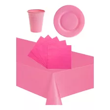 Combo Kit Cumple Set Plato Vaso Servilleta Mantel Rosa