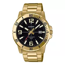 Reloj Pulsera Casio Dress Mtp-vd01g-1bvudf De Cuerpo Color Dorado, Analógico, Para Hombre, Fondo Negro, Con Correa De Acero Inoxidable Color Dorado, Agujas Color Dorado, Blanco Y Rojo, Dial Blanco Y D