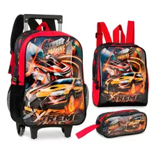 Kit Mochila De Rodinhas Infantil Escolar Carro Extreme Track