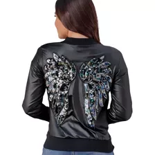 Jaqueta Casaco Corino Bomber Com Ziper Asas Blusa Feminina